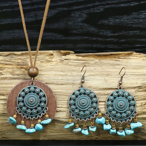 Juego de collar collares colgantes turquesa vintage cuentas de arroz hechas a mano pendientes geométricos regalo - Imagen 6 de 14