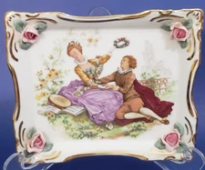 Vintage Dresden Ring Tray Trinket Dish Courting Couple Porcelain Crown Mark