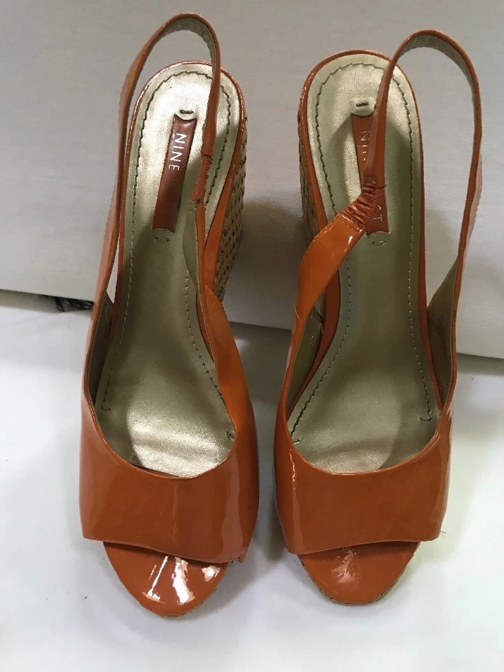 Wms NINE WEST DANUBE Naranja Patente Peeptoe Cuña Tacones Cordones Talla 8M Foto 4 de 4