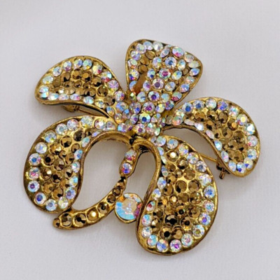 Vintage Flower Brooch Pin Lily Iris Bloom Bling AB Ice Gold Rhinestone Estate