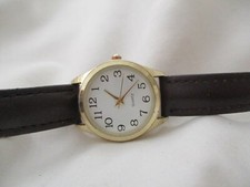 Watch Brown Buckle Band Gold Toned Round White Face Minimalist Elegant