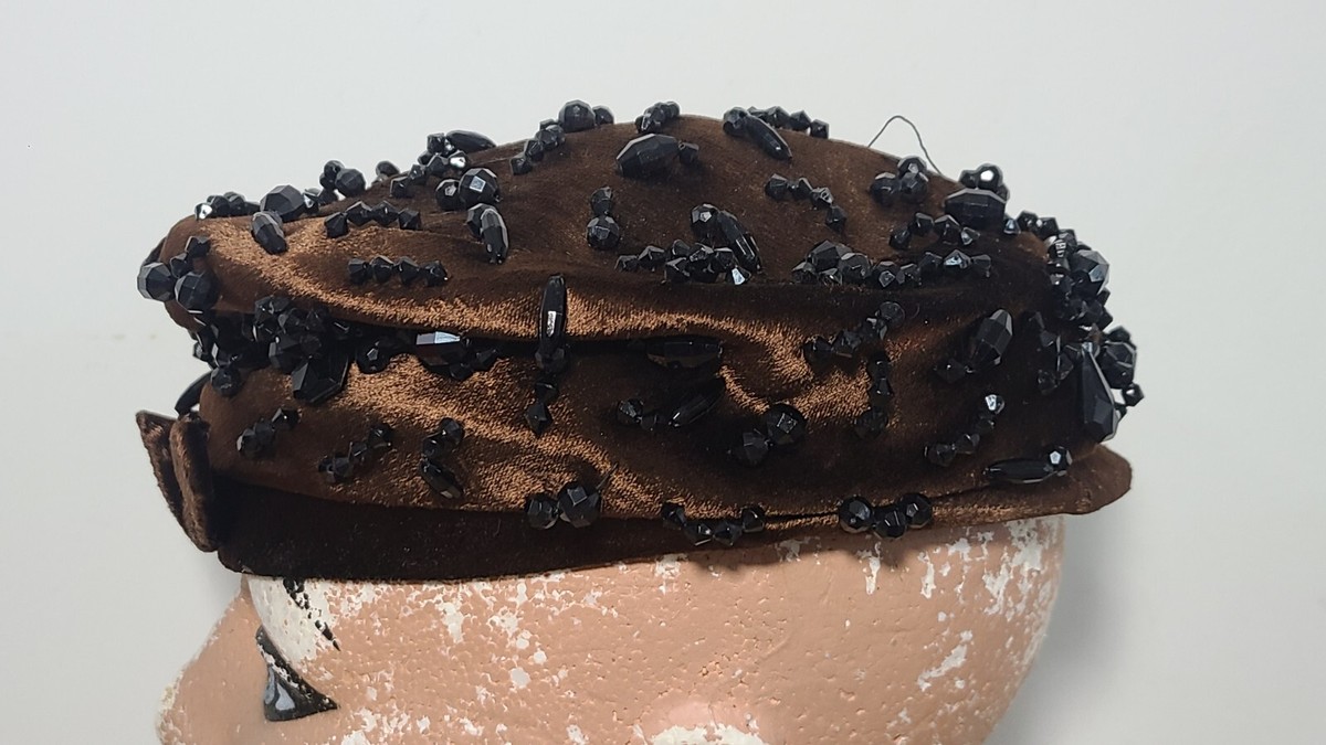 Vintage Neiman Marcus Brown Textured Pill box hat Neiman Marcus Pillbox Hat with Hat Pin | Pleated Fall Floral  main image 4