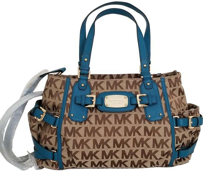 MICHAEL KORS SIGNATURE LOGO GANSEVOORT LARGE BEIGE TURQUOISE SATCHEL BAGNWT!