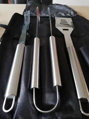 3 Teile Premium Grillbesteck BBQ mit Rolltasche Stainless Steel XXL 