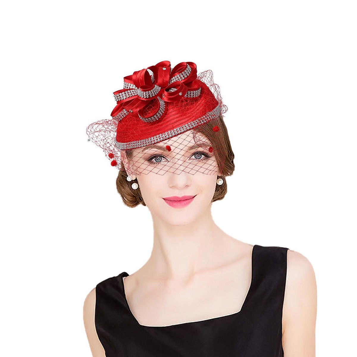 Red Fascinator Hat For Women Satin Cloth Derby Tea Wedding  display picture 2