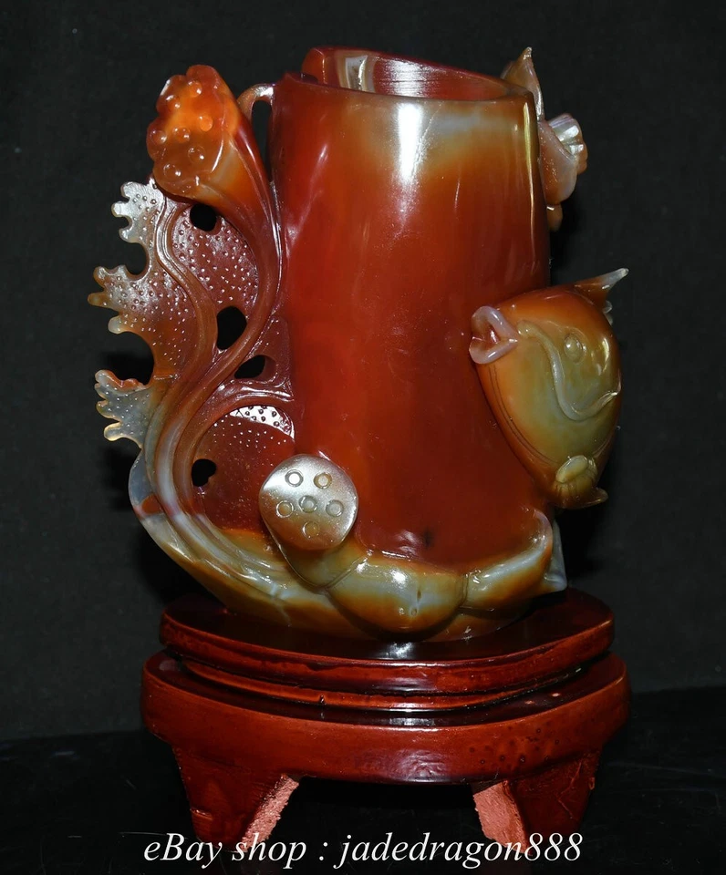 Jarrón lápiz maceta cepillo de flores de loto pez talla ágata roja marca china de 8,4" Foto 4 de 4