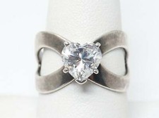 Vintage DQ Cubic Zirconia Heart Sterling Silver Ring - Size 8