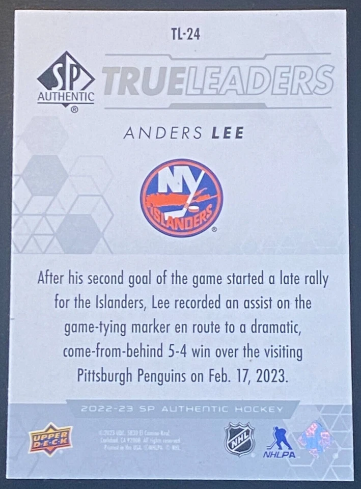 Anders Lee 2022-23 SP Authentic True Leaders Insert #TL-24 NY Islanders - Image 2 of 2