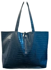 SAKS FIFTH AVENUE Navy Blue Embossed Faux Leather Crocodile Tote Shoulder bag