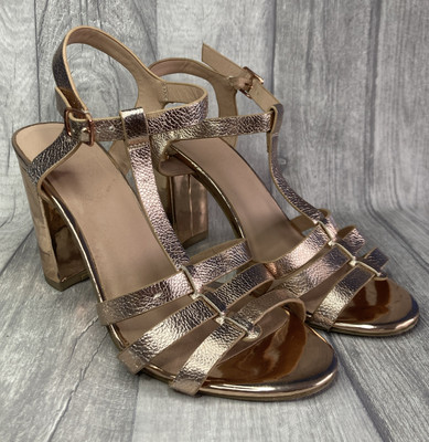 New Look Metallic Rose Gold T-bar Block Heel Sandals Shoes Size
