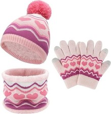 Kids Winter Balaclava Windproof Hats Gloves Set 3-In-1 Fleece Lined Hooded Scarf
