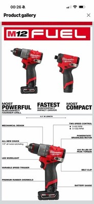 Milwaukee M12 FUEL 12V Brushless Hammer Drill & Impact Driver Kit 2 Batteries