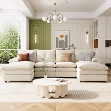 Beige U-Shaped Sectional Sofa with Pillows  5-Seater