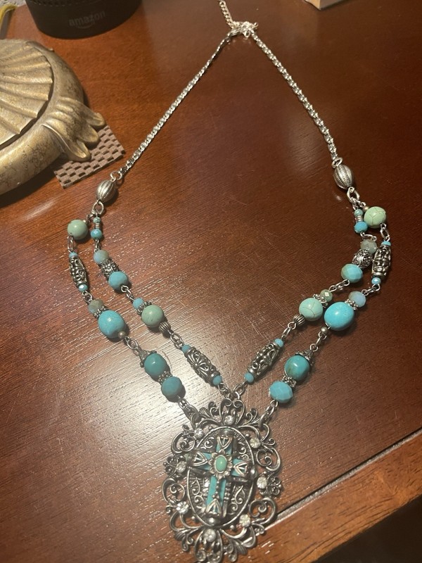 turquoise necklace vintage Silver-Tone With cross