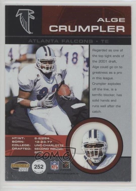 2001 Pacific Invincible Blue /99 Alge Crumpler #252 Rookie RC - Image 2 of 2