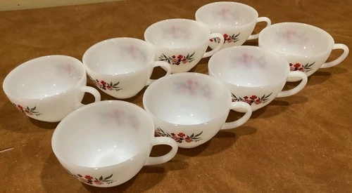 8 Vintage Fire King Primrose Anchor Hocking Milk Glass Oven Ware Coffee Cups
