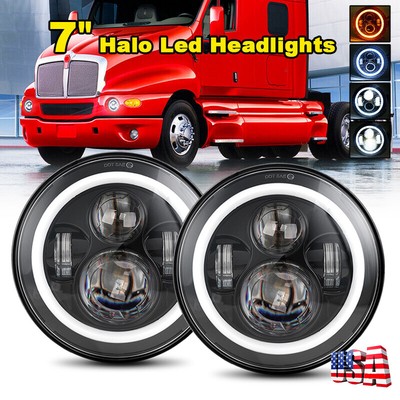 For Kenworth 1997-2011 T2000 Pair 105W 7inch Round LED Halo Angel Eyes Headlight