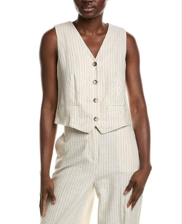$99 Vince Camuto Button-Down Linen-Blend Vest Almond Size M