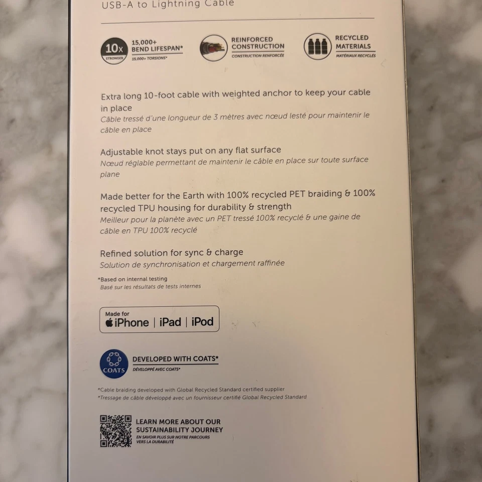 NIB Native Union Belt Night Cable XL 10' USB-A to Lightening Cable Zebra Wrap - Image 2 of 3