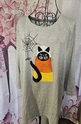Clover + Pine Women's Large  3/4 Sleeve Halloween Top Black Cat  Candy Corn 