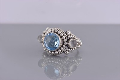 Suarti Sterling Silver Blue Topaz Moonstone Bali Beaded Coil Band Ring 925 Sz: 7