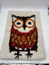 Vintage 70s Owl Shag Wool Rug Wall Hanging Latch Hook MCM Retro Boho 29x21"