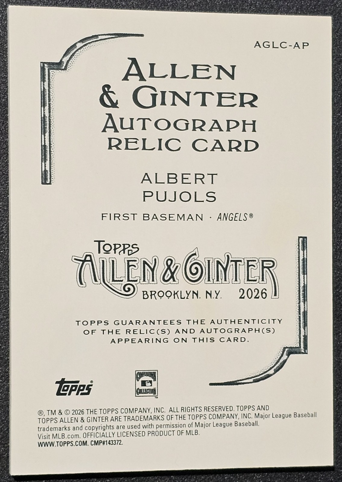 2026 Topps Allen & Ginter Albert Pujols Autograph Relic Patch Auto /5 - #AGLC-AP view 2