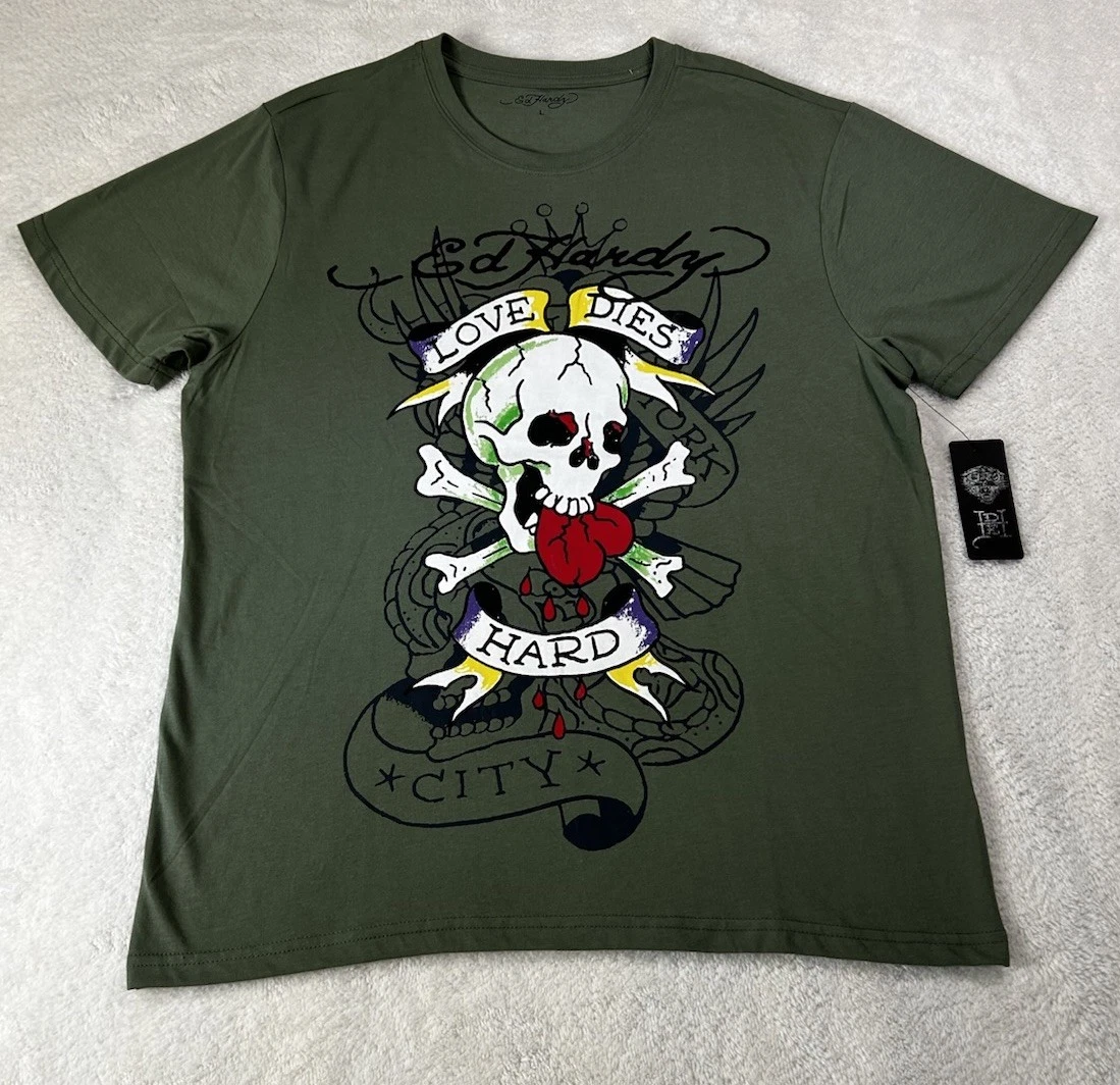 Ed Hardy Short Sleeve T Shirt LT. Olive Green Graphic Print Mens Large NWT
