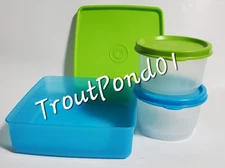 Tupperware Square Away Sandwich Keeper Blue Green 2 Snack Cups Lunch Set New
