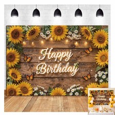 Happy Birthday Photography Backdrop Yellow Sunflower Butterfly 82.67 x 59in