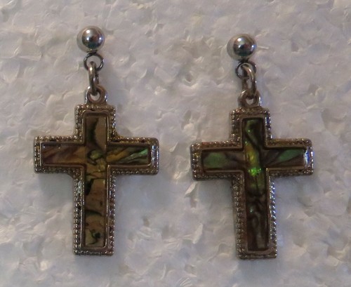 Opal Inlay Metal Cross 1" Stud Earrings - Picture 3 of 3
