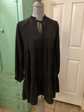 SHEIN, BLACK, LONG SLEEVE, KEYHOLE NECKLINE, TIERED, SHIFT TYPE DRESS, XS
