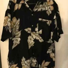 L Men's ISLAND BLUE Vintage Black Green Floral Poly Hawaiian Shirt NEVER WORN