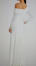 Mac duggal Off-the-shoulder long sleeve jersey gown accented with jeweled cuffs 