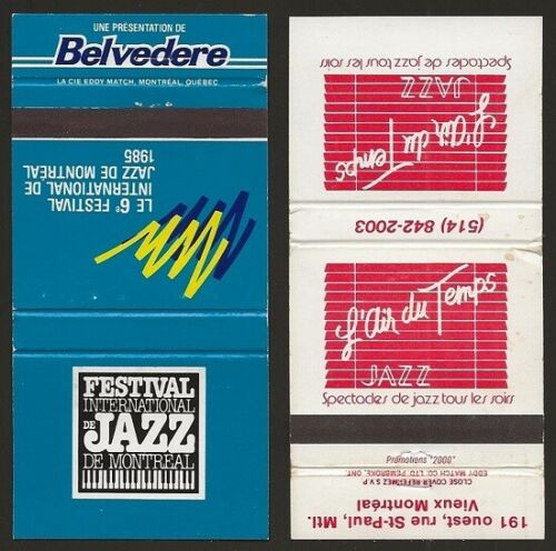 Canada 1985 Montreal Jazz Festival + L'Air du Temps | Belvedere Matchbook covers - Picture 1 of 2