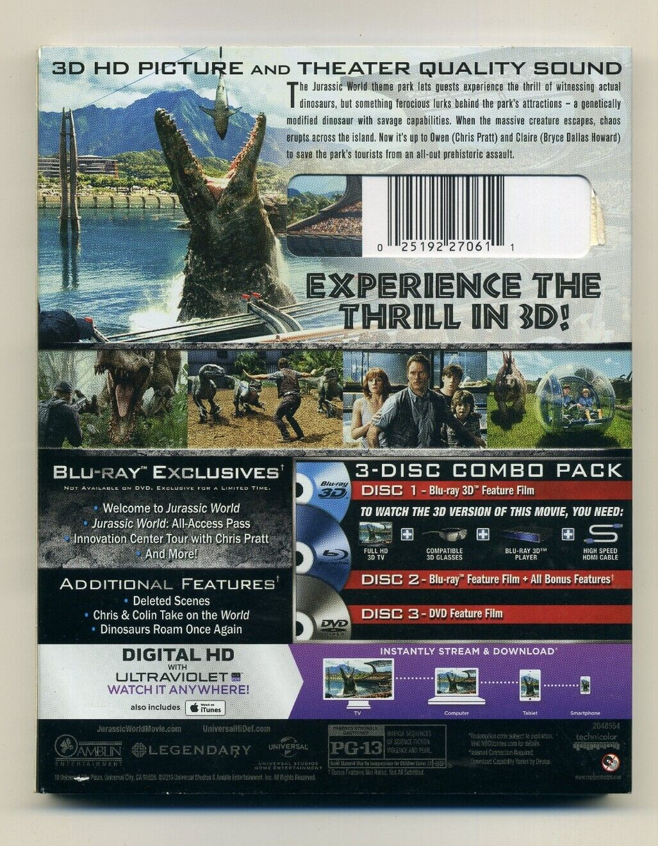 Jurassic World 3D (2015) Blu-Ray & DVD 3-Disc Combo Set w