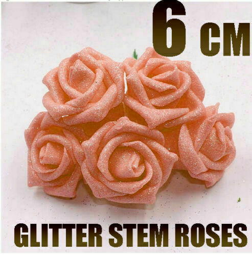 ROSE IN SCHIUMA 6 CM Fiore Glitterato con Stelo Fiori Artificiali Bouquet Decorazione Festa - Foto 12 di 12