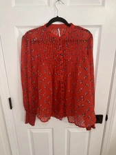 Free People Womens Flowers In December Floral Red Top Size Medium Sheer Pintuck
