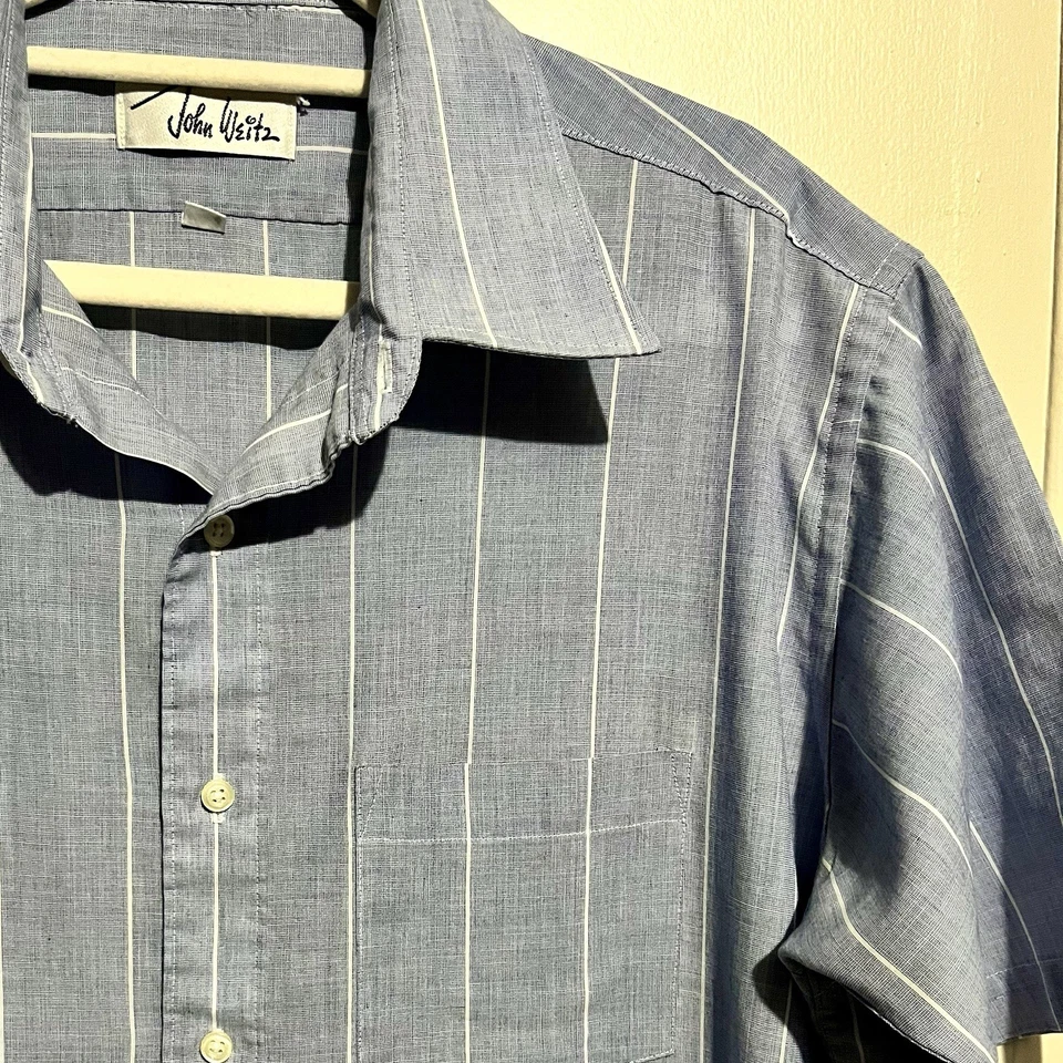 复古 John Weitz 男式衬衫大号蓝色白色条纹纽扣休闲海岸 — 第 3/4 张图片