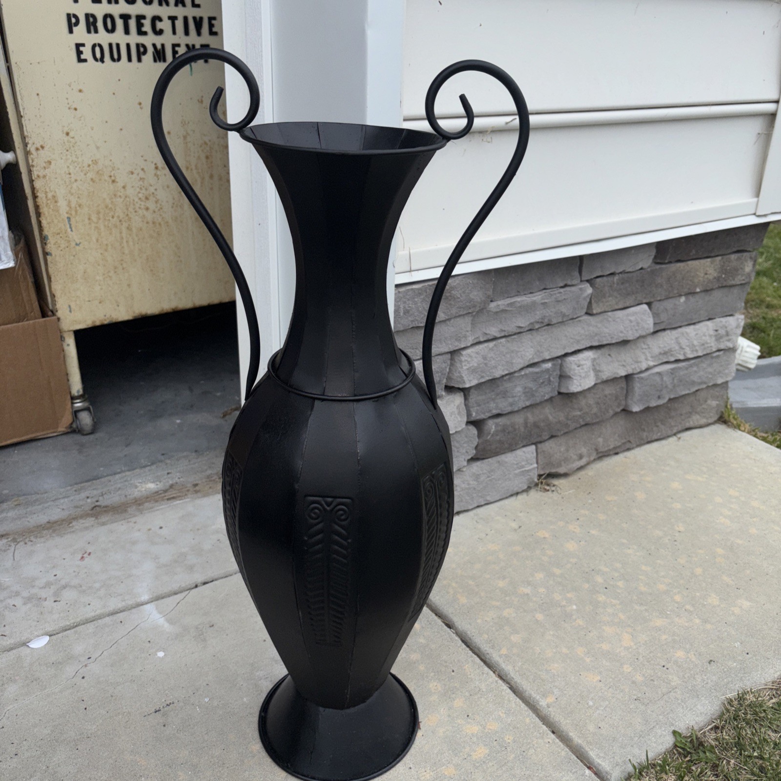Tall Bk Metal Urn/Vase Double Handles Etched Design  Vintage Preowned #1