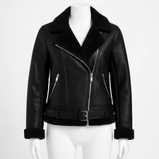 Donna Salyers Fabulous-Furs Black Faux Shearling Moto Jacket Women Size Small