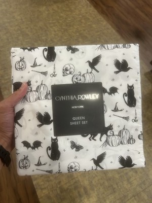 Cynthia Rowley Halloween Queen Sheet Set Black Cats Ghost Pumpkin 4Pc Cotton