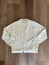 Vintage 60s Woman  s Cream Broadway Beaded Flower Lambswool Cardigan - Small