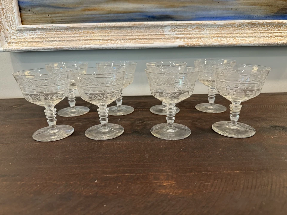 Vtg Rock Sharpe (2009-2?) Etched Floral Champagne Sherbet Stem Glasses Set 8 - Image 2 of 4