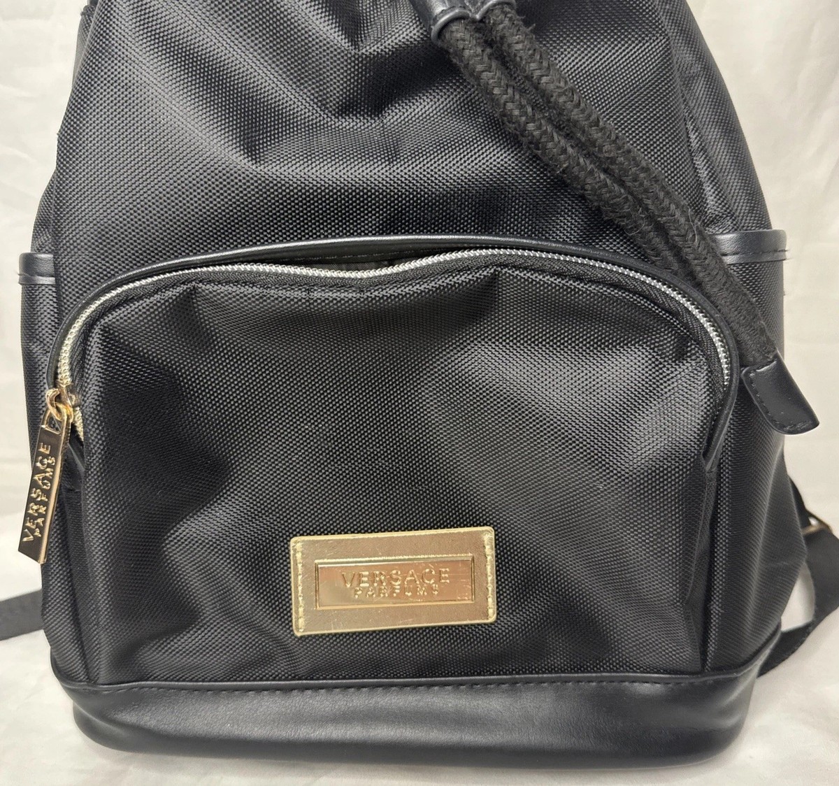 Versace Parfums Black Gold Nylon Backpack Greek Key Straps  display picture 3