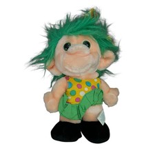 Trolio Troll Plush Doll Polka Dot Dress Bright Green Hair 8” Vintage 1992 Toy