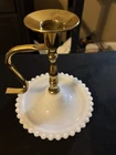 Vintage Milk Glass and Brass Chamberstick Mid Century Candle Holder