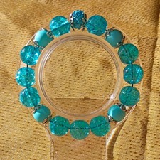 Turquoise Silver Glass Beaded Stretch Bracelet, Round Beads, Metal Accents
