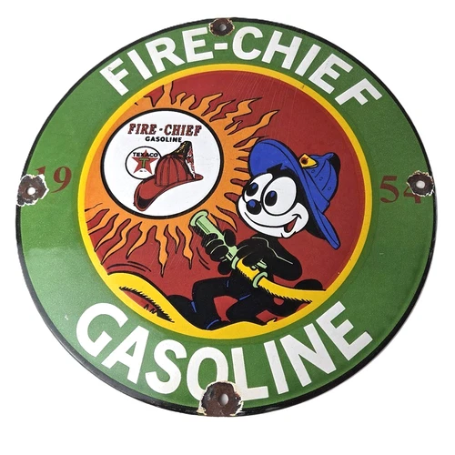 Vintage Texaco Gasoline Porcelain Felix The Cat Firefighter Gas Pump Plate Sign