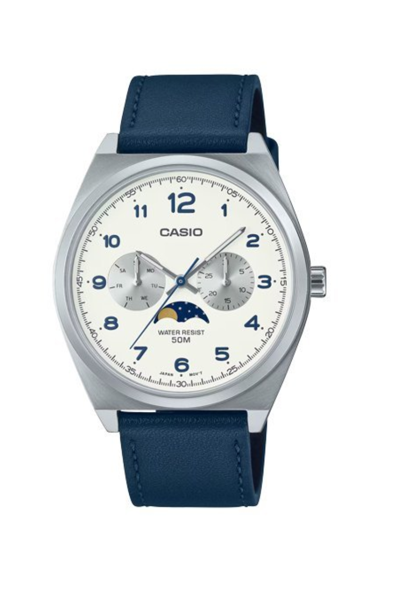CASIO カシオ腕時計 ムーンフェイズ　MTP-M300L-7A Casio MTP-M300L-7A Moon Phase Men's Watch White Dial Leather Strap